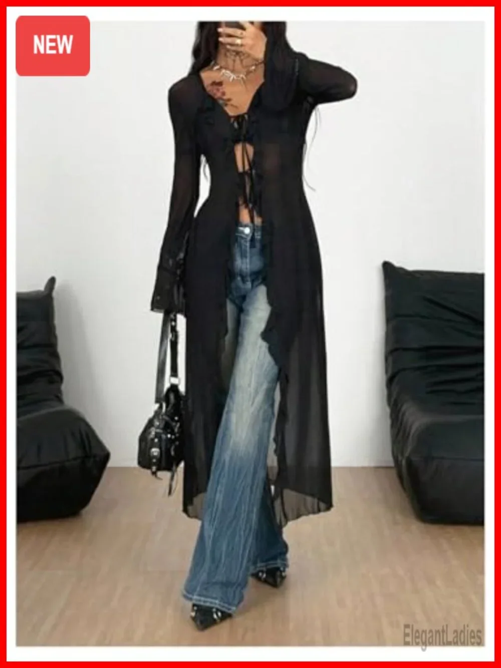 Sheer Mesh Ruffle Bell Long Sleeve Tie Front Cardigan Y2K See Through Top